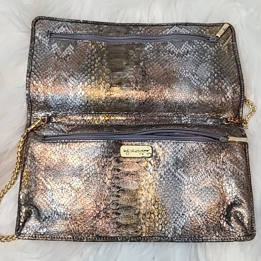 Inge Christopher leather snakeskin clutch Gold Silver Beaded Art Deco‎ New Year